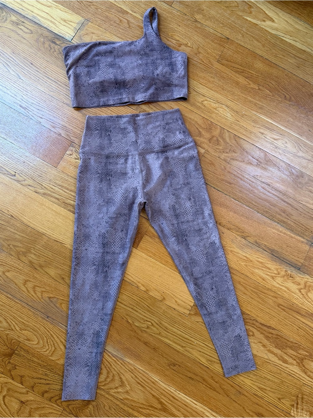 Beyond Yoga One-Shoulder Crop Top & High-Waist Leggings Set in Taupe Brown
